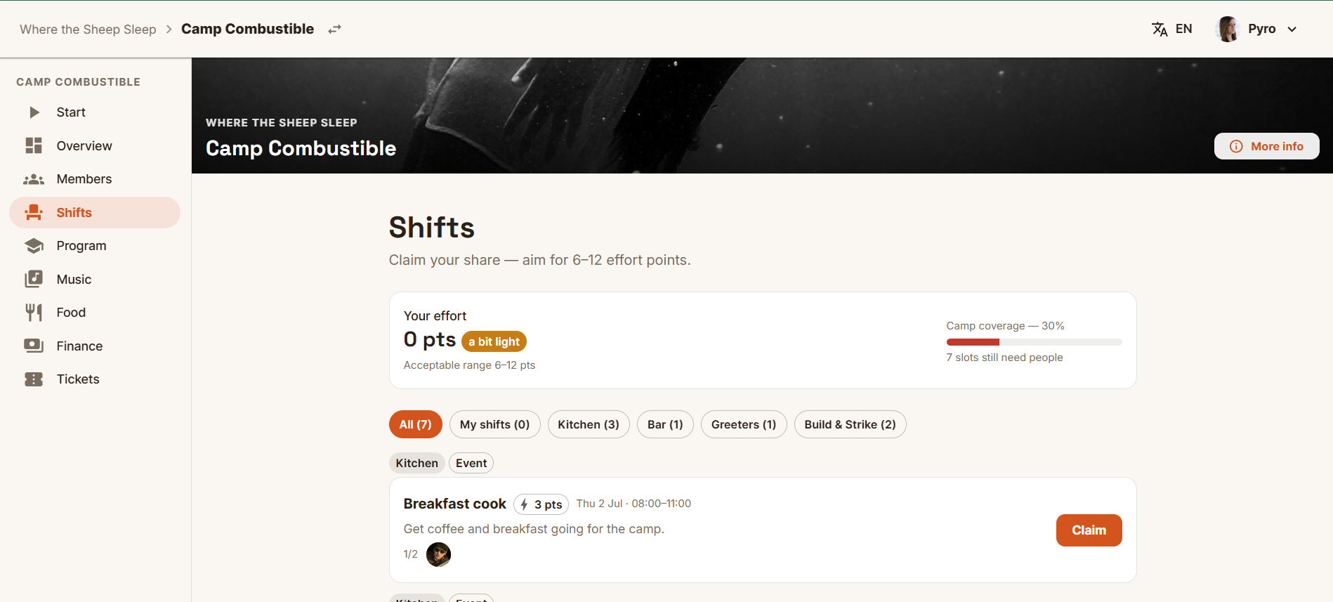 Screenshot of the Burnbase camp organiser