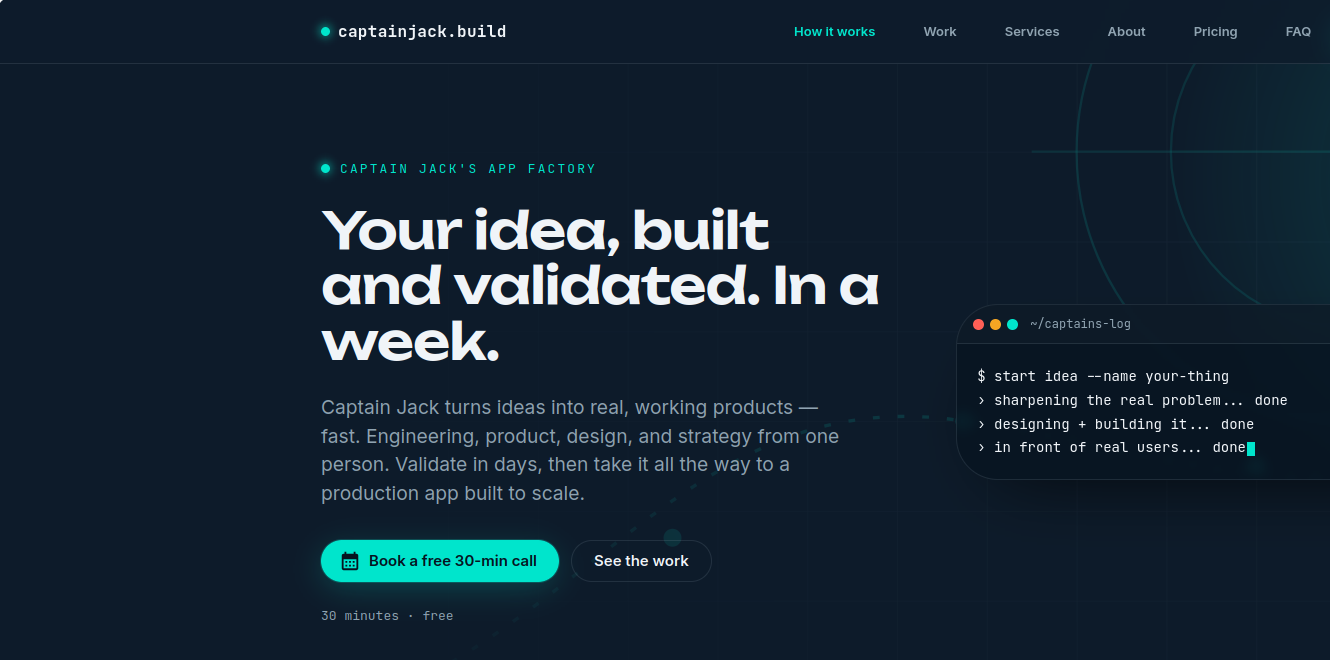 Screenshot of the captainjack.build homepage hero
