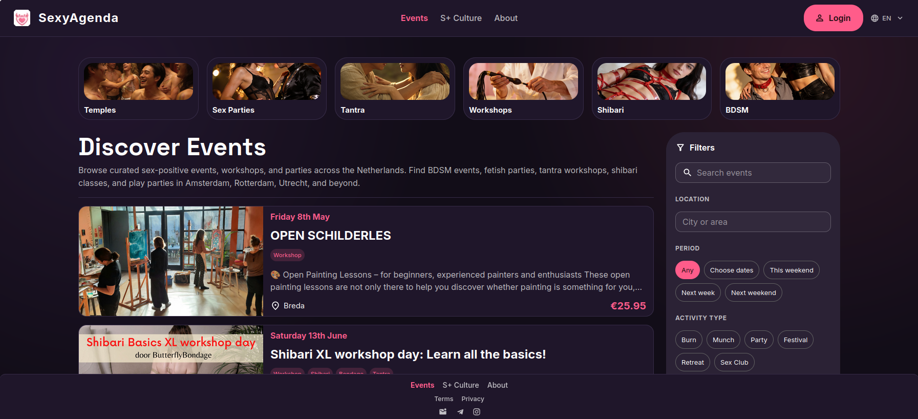 Screenshot of the SexyAgenda event discovery page