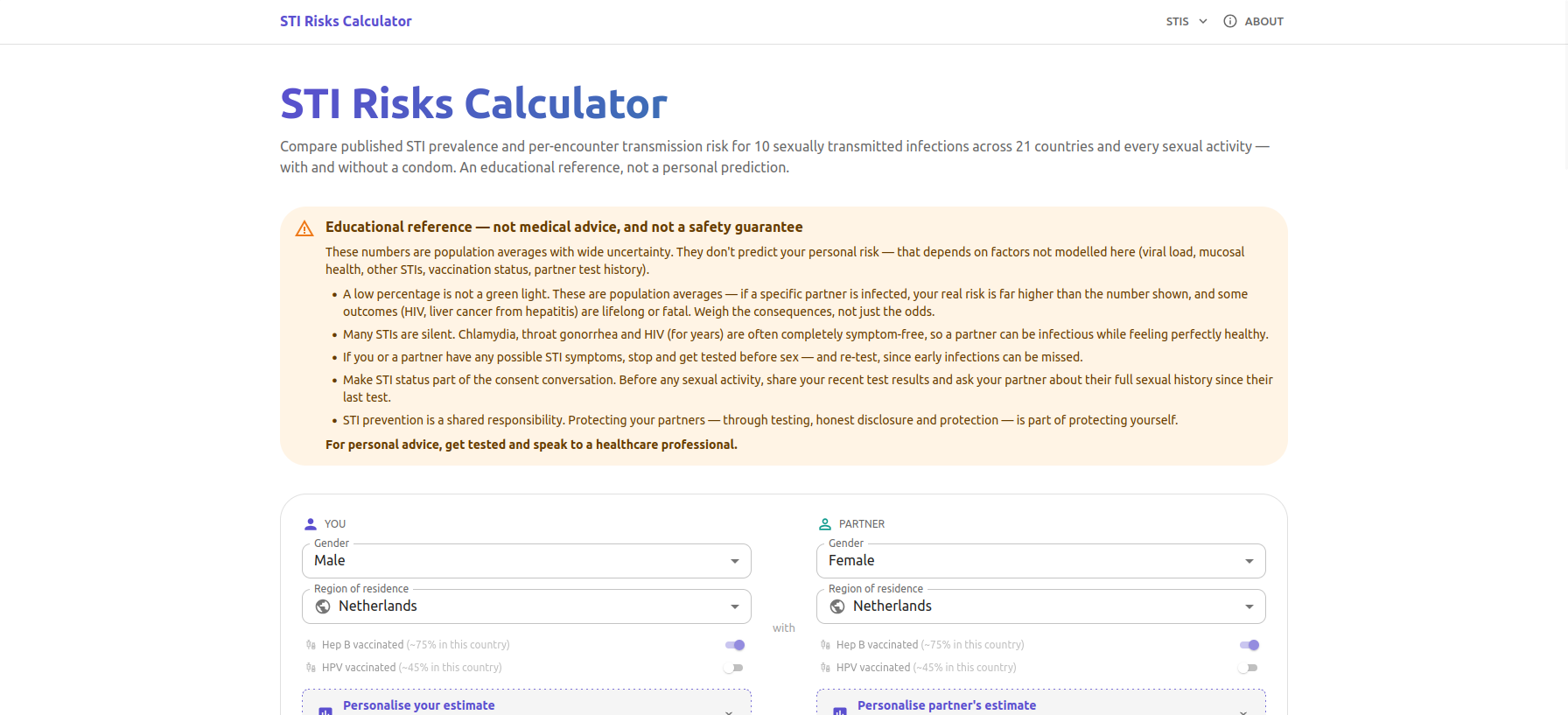 Screenshot of the STI Risks Calculator